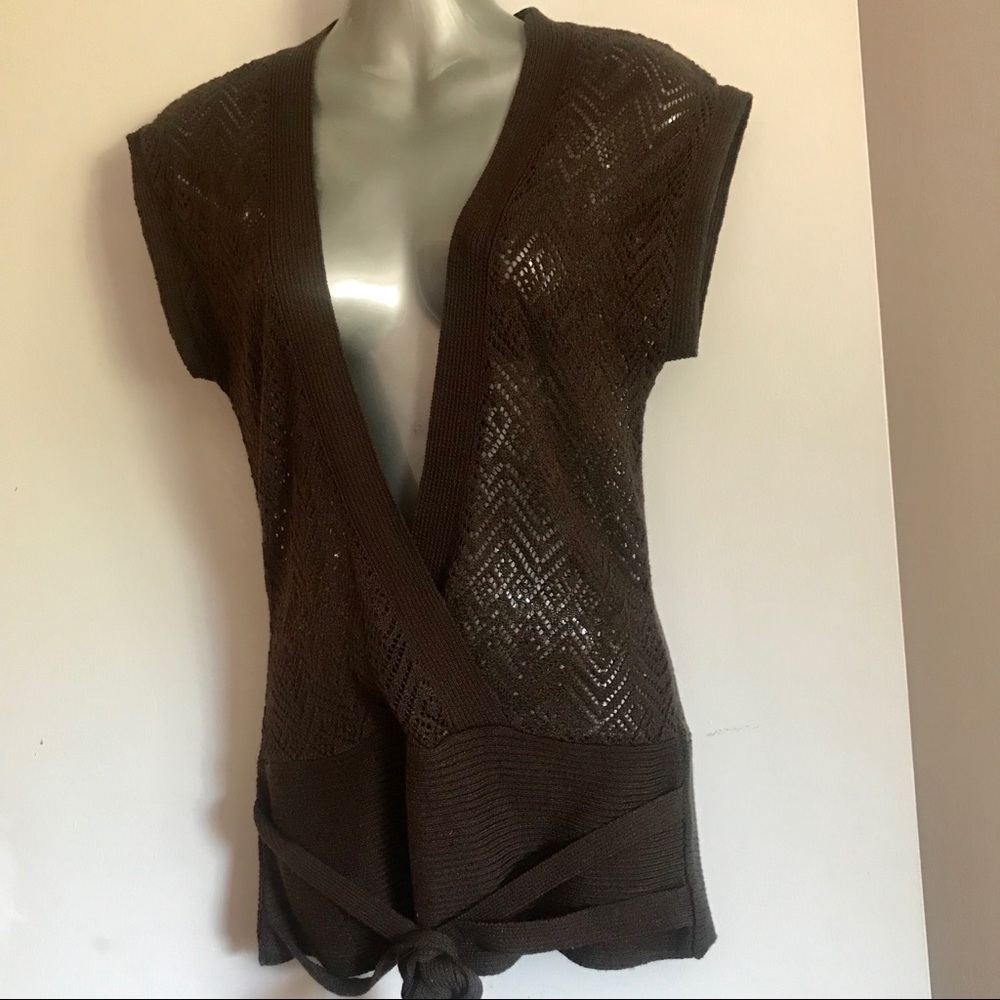 VTG Mexx Y2K Open Chevron Mesh Pointelle Knit Wrap Sweater Vest Top Brown Medium - Picture 10 of 12